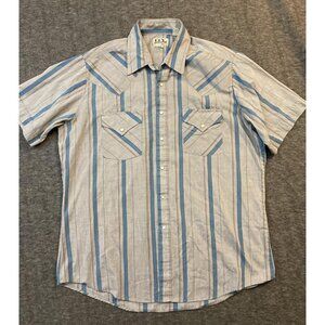 Ely Cattleman Shirt Mens XL Gray Blue Stripe Short Sleeve Western Pearl Snap